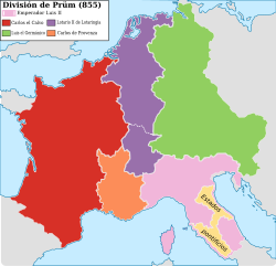 Lotharingia Krallığı (      mor) ve Prüm Antlaşması'nı takiben diğer Karolenj krallıkları, 855