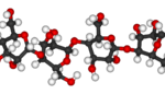 Cellulosa, en polysackarid som är uppbyggd av hundratal och upp till flera tusen glukosmolekyler.