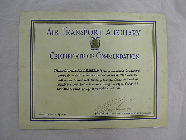 Commendation for ATA pilot Ruth Kerly