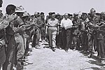 Thumbnail for File:Cheering reserve soldiers greeting Levi Eshkol and min. Menahem Begin in Sinai. June 1967. D705-048.jpg