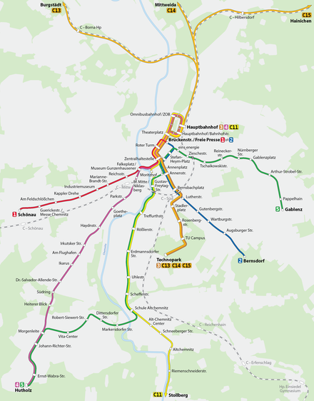 Map of the Chemnitz tramway network