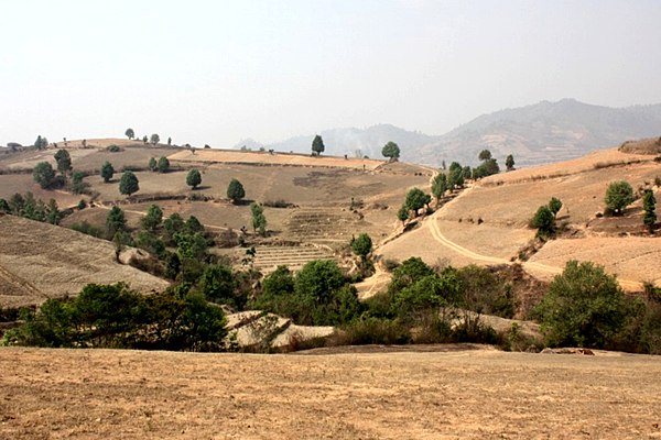 Deforested landscape in the Shan Hills near Kalaw during the dry season.