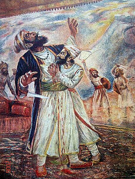 An early-20th-century painting by Sawlaram Haldankar of Shivaji fighting the Bijapuri general Afzal Khan