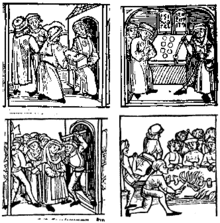 A 15th-century German woodcut showing an alleged host desecration. In the first panel the hosts are stolen, in the second panel the hosts bleed when they are pierced by a Jew, in the third panel the Jews are arrested, and in the fourth panel they are burned alive Descreationofhost.gif