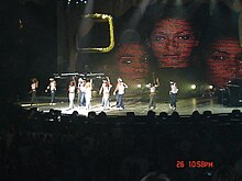 Destiny's Child performing "Lose My Breath" during the Destiny Fulfilled... and Lovin' It tour in August 2005 Destiny's Child tour 2005.jpg