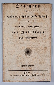 Titelseite der Statuten der Schweizerischen Mobiliar 1826