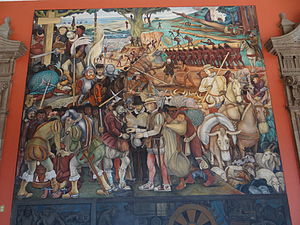 Muurschildering van de onderwerping van de inheemse bevolking Palacio Nacional