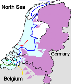 Dutch situation just before the Rotterdam Blitz Legend:
.mw-parser-output .legend{page-break-inside:avoid;break-inside:avoid-column}.mw-parser-output .legend-color{display:inline-block;min-width:1.25em;height:1.25em;line-height:1.25;margin:1px 0;text-align:center;border:1px solid black;background-color:transparent;color:black}.mw-parser-output .legend-text{}
Location of the Dutch defence lines and area within Dutch troops are present
Heavy Dutch defence line against armoured vehicles
Dutch defences in Zeeland
Belgian defence line
French defences in the Netherlands
Position of German troops as well as areas under German control Duitse inval.png