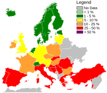 Incidence of MRSA in human blood samples in countries which took part in the study in 2017 EARS-Net CAESAR MRSA 2017-en.svg