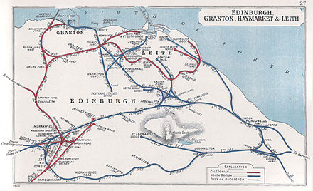 Caledonian lines are shown in red on this 1905 Railway Clearing House map of Edinburgh.