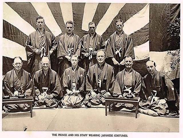 Prince Edward with his staff all wearing kimono (yukata) during the Pacific visit to Japan in 1922. (Mountbatten standing, first from left). The Risin
