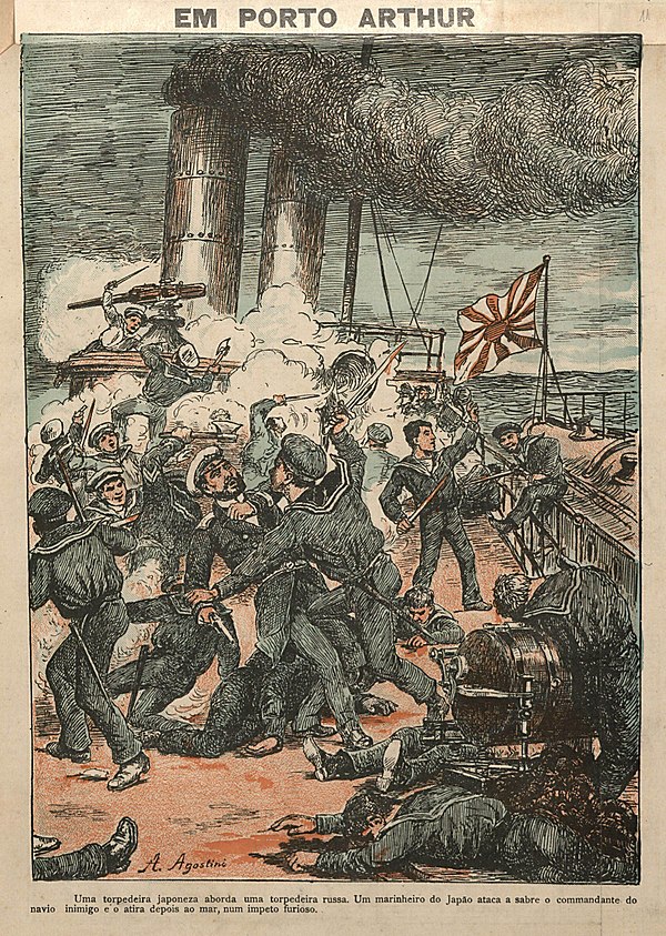 A Japanese torpedo boat approaches a Russian torpedo boat. A Japanese sailor attacks with a saber the commander of the enemy ship and then throws him 