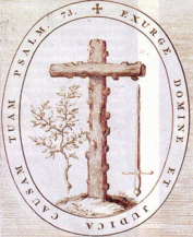 Wappen der Spanischen Inquisition: Neben dem Kreuz als Symbol für den geistlichen Charakter der Inquisition halten Olivenzweig und Schwert die Waage, wodurch das Gleichgewicht zwischen Gnade und Strafe angedeutet werden soll