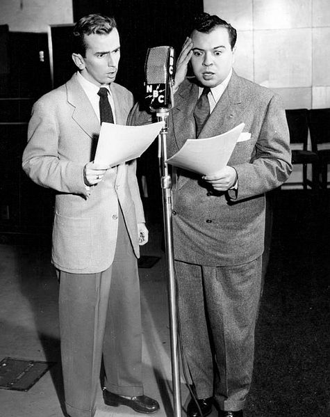 Jackie Kelk (left) as Homer Brown and Ezra Stone as Henry Aldrich on the air, 1947.