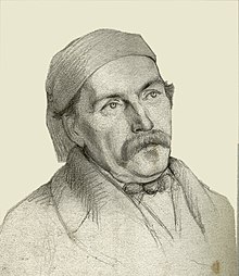 Drawing of a torso of Félix Milliet. He is wearing a suit with a ribbon on his hair. He has white skin, a good moustache and short hair.