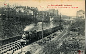Petit Ceinture passenger train (before 1914) FF CCCC 52 - Les Locomotives 'Cie de l'Ouest) - Train de Ceinture entre Ouest-Ceinture et Vaugirard.JPG