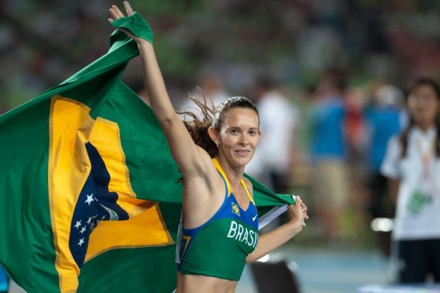 Murer celebrating her title at the 2011 World Championships in Athletics