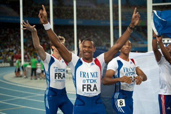 The French 4 × 100 m relay team won a silver medal at this year's championships (the foto shows Christophe Lemaître, Teddy Tinmar, and Jimmy Vicaut)