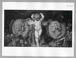 Putto between two reliefs of Beethoven and Bach