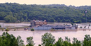 The casino on July 19, 2011 during the 2011 Missouri River floods which temporarily closed the casino. Frontier-casino-flood1.jpg
