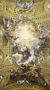 Quadratura or trompe-l'oeil ceiling of the Church of the Gesu, Rome, by Giovanni Battista Gaulli, 1673-1678 G.B.Gaulli-Triumph of the Name of Jesus.jpg