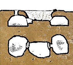 An example of a Gaudo Culture tomb, made up of an access shaft with antechamber, from which branch off two burial chambers, containing ceremonial ceramics like the one pictured above, and human skeletons bound up in the fetal position. Gaudotombs.JPG