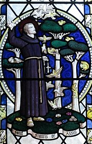 Detail of the St Francis window in St Peter's Church, Cowfold, West Sussex Geoffrey Webb window, Cowfold.jpg