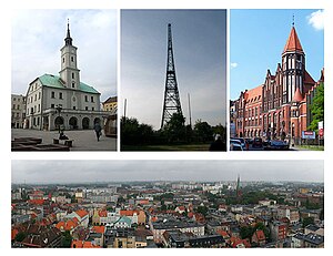 Left to right: Town Hall, Radio station Gliwice wooden tower, Post Office, General view