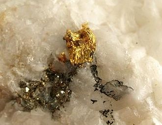 6 mm. gold crystal cluster on milky quartz, from the Atlantic Cable Quartz Lode Gold-Quartz-236683.jpg