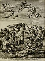 After Raphael. The triumph of Galathea label QS:Len,"The triumph of Galathea" label QS:Lpl,"Tryumf Galatei" label QS:Lnl,"Galathea en haar gevolg" 1592. engraving. 56.2 × 41.6 cm (22.1 × 16.3 in). New York, Sotheby's (27 October 2005).
