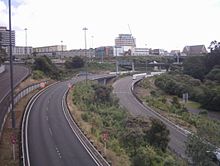 Grafton Gully as seen looking southwards from Grafton Bridge, with several motorways visible. Grafton Gully Auckland Motorway.jpg