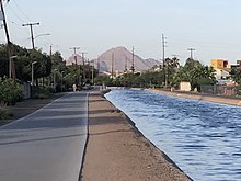 Grand Canal facing East at 3rd Avenue, with Camelback Mountain in the background Grand Canal Phoenix Arizona facing east near Third Avenue.jpg