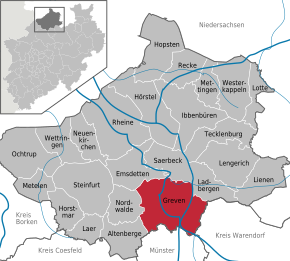 Poziția orașului Greven pe harta districtului Steinfurt