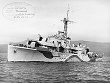 HMS Mermaid, which shadowed Exodus 1947 on the first part of her voyage to Palestine HMS Mermaid IWM FL 15205.jpg