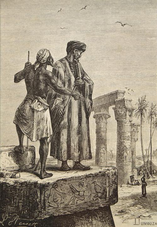 1878 illustration by Léon Benett showing Ibn Battuta (center) and his guide (left) in Egypt