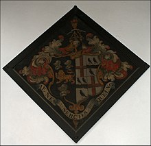 Funerary hatchment at Grendon parish church in Northamptonshire, showing in the dexter half the arms of Compton, Marquess of Northampton Hatchment.JPG
