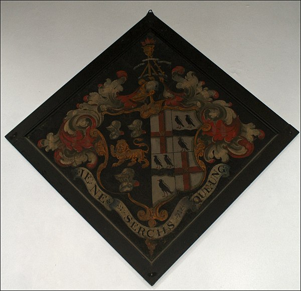 Hatton Compton's funerary hatchment in St Mary's Church, Grendon, with arms of Compton and Nicholas.