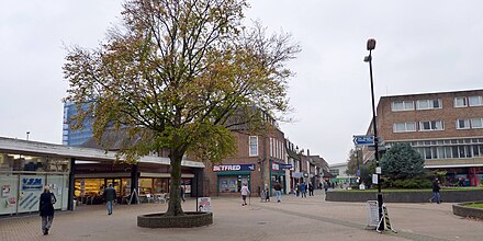Hatfield New Town centre, looking west along its axis.
