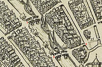 Bij 1 de Nood-Godsbrug op een stadsplattegrond uit 1588, bij 9 de plaats waar de in 1576 afgebroken Noodgodskapel heeft gestaan