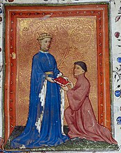 Henry, Prince of Wales, presenting Hoccleve's Regement of Princes to John de Mowbray, 2nd Duke of Norfolk Henry Prince of Wales receiving or presenting a book - detail.jpg