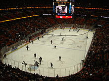 The Ducks warm-up at the Honda Center before a playoff game in 2007 Honda-above.JPG