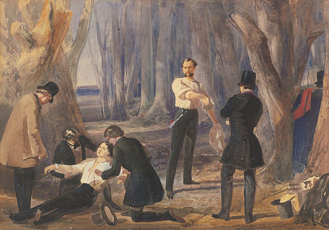 Painting by Edward Henry Corbould depicting a scene from The Corsican Brothers in an 1852 London adaptation