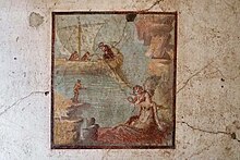 Ariadne being abandoned by Theseus House of the Vettii VI 15,1 Pompeii 2018 Central wall painting from north wall of bedroom on left of main entrance, Ariadne being abandoned by Theseus courtesy of Aude Durand.jpg