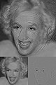 Uma imagem híbrida construída a partir de componentes de baixa frequência de uma fotografia de Marilyn Monroe (inserção esquerda) e componentes de alta frequência de uma fotografia de Albert Einstein (inserção direita). A imagem de Einstein é mais clara na imagem completa.