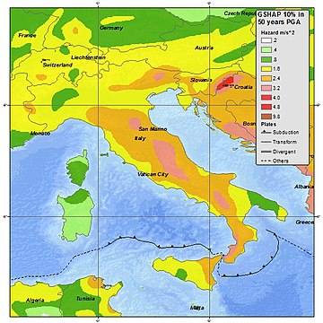 The seismic hazard map of Italy showing the probability of seismic activity for different places in Italy. Italy earthquake hazard usgs(1).jpg