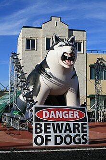 The Huskie Football mascot, Jake, which the team runs through during introductions. Jake Huskies Clubhouse.jpg