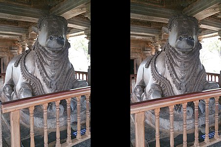 Nandi in front of Hoysaleshwara shrine, less ornate and bigger of 2