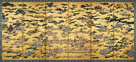 Kanō Eitoku. Vues à l'intérieur et à l'extérieur de la capitale, Kyoto. Paravent à six feuilles. Couleurs et or sur papier honkin, 160,5 x 364,5 cm. 1561-1562[53]. Yonezawa City Uesugi Museum.