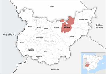 Die Lage des Gerichtsbezirk Villanueva de la Serena in der Provinz Badajoz