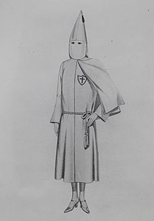 A Klanswomen's uniform as shown in a catalogue distributed in Saskatchewan during the 1920s and 1930s Klanswomen uniform design, Saskatchewan Archives Board R-A6896.jpg